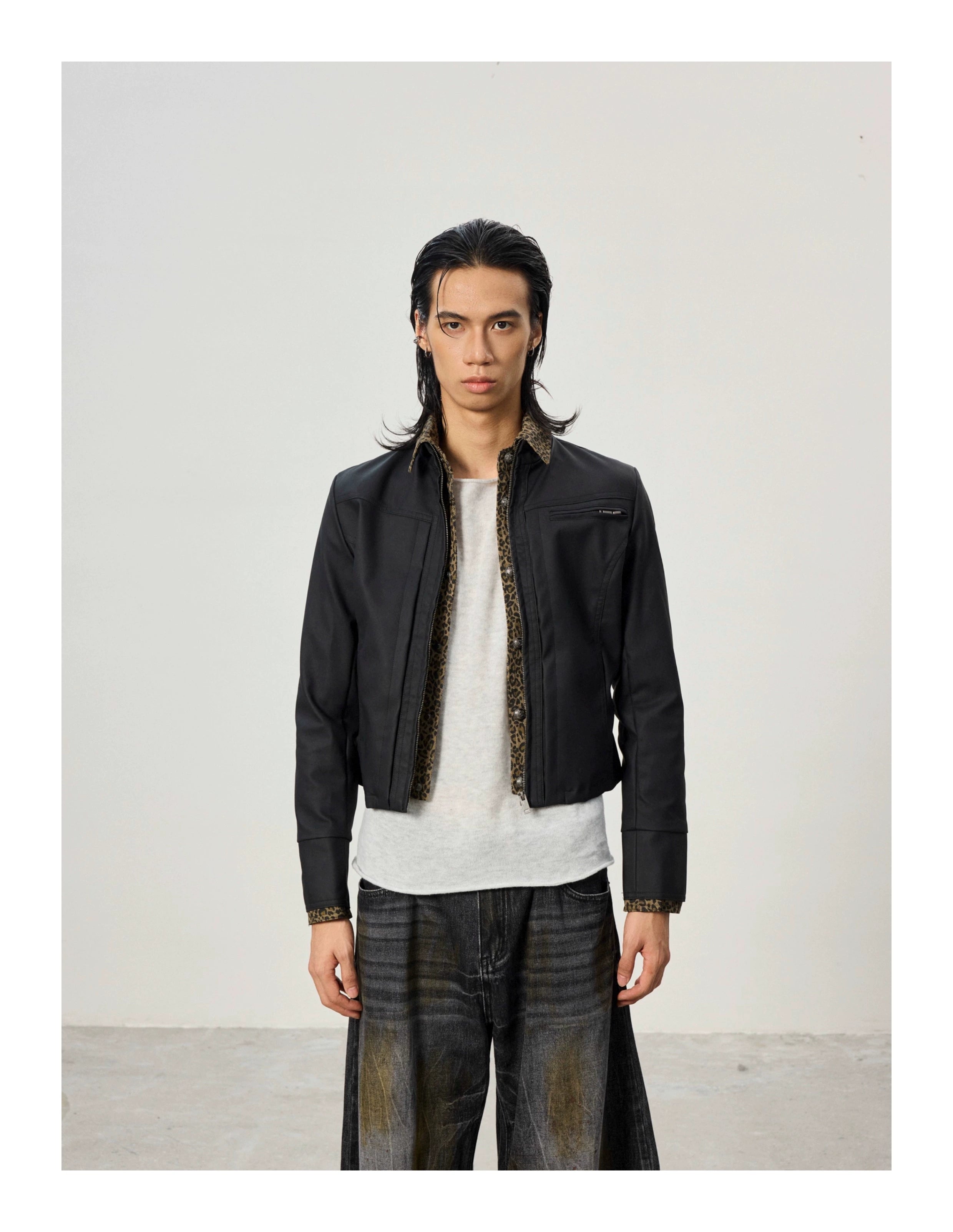 BTSG Short Fake Two-piece Leopard Print Spliced Jacket