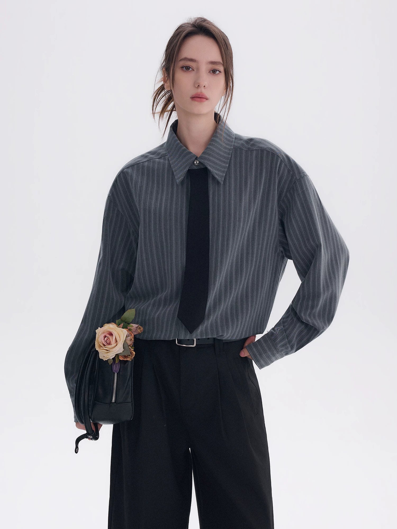CHOR Contrast Fake Tie Striped Long Sleeve Shirt