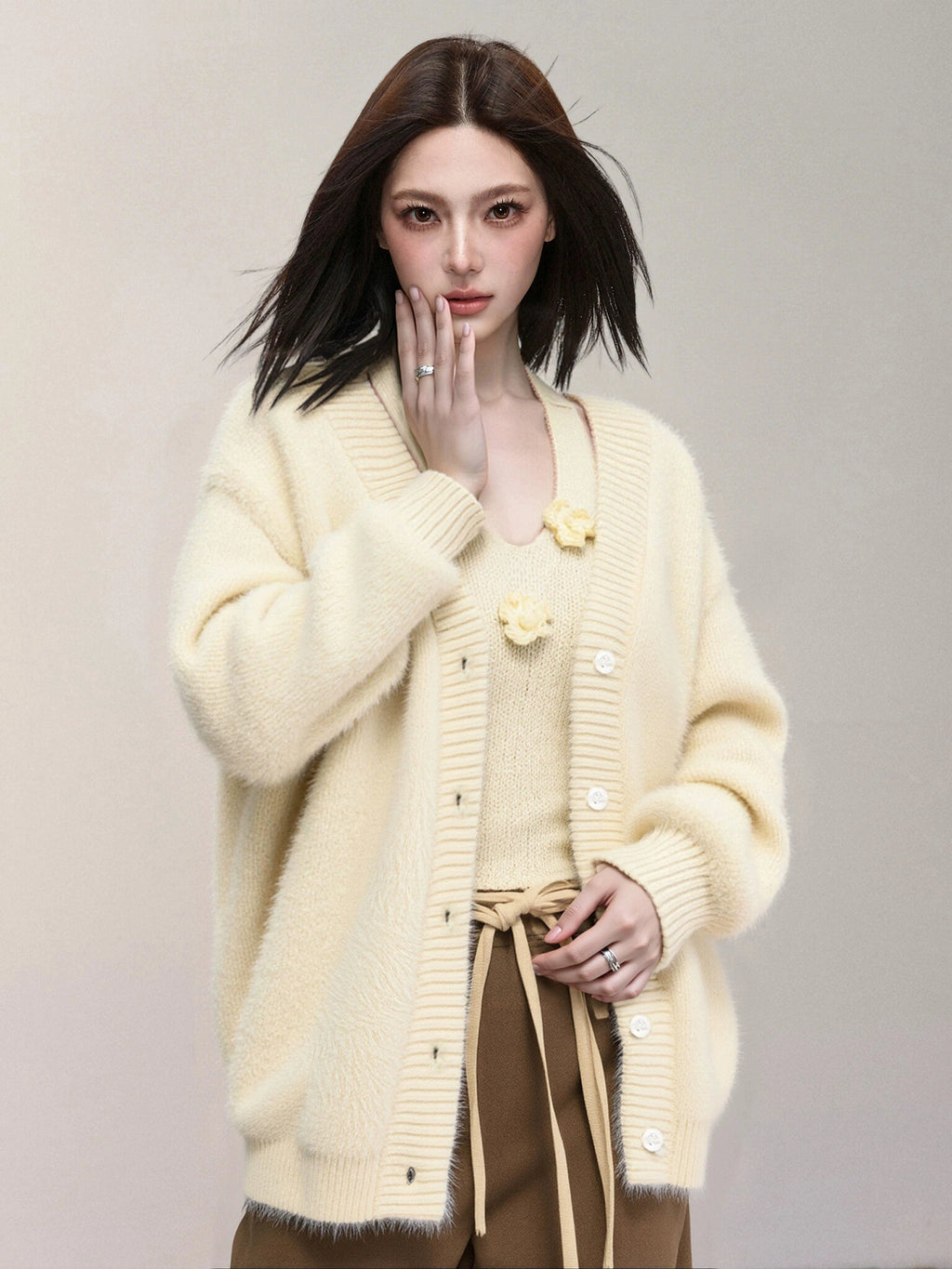 KDASE Mink V-neck Knitted Cardigan