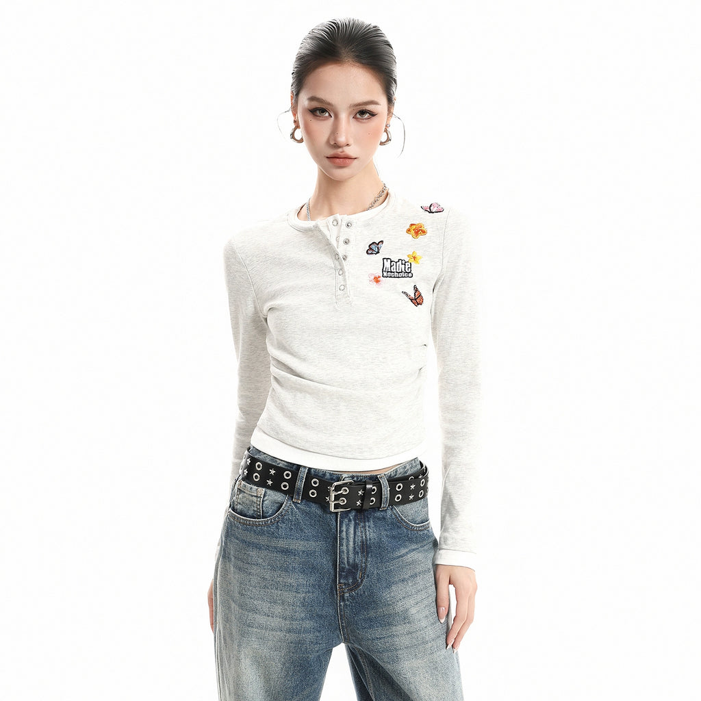 Kenvibe Vintage Alphabet Butterfly Embroidery Fake Two Piece Long Sleeve