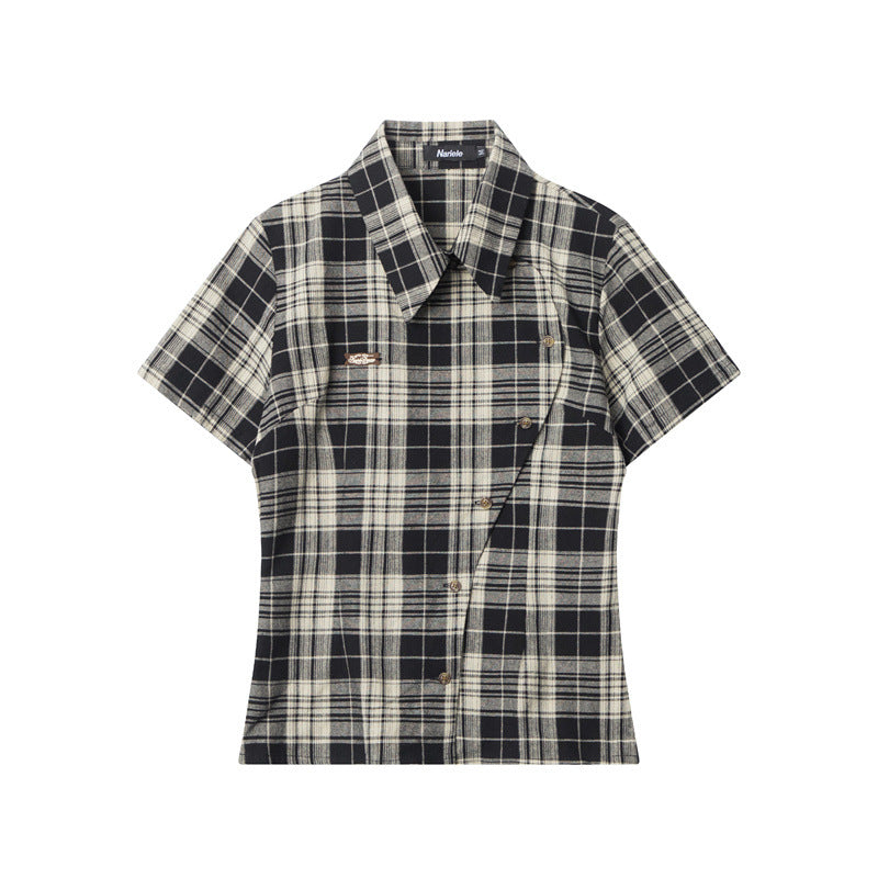 Nariele New Chinese Button College Plaid Short Sleeve Shirt