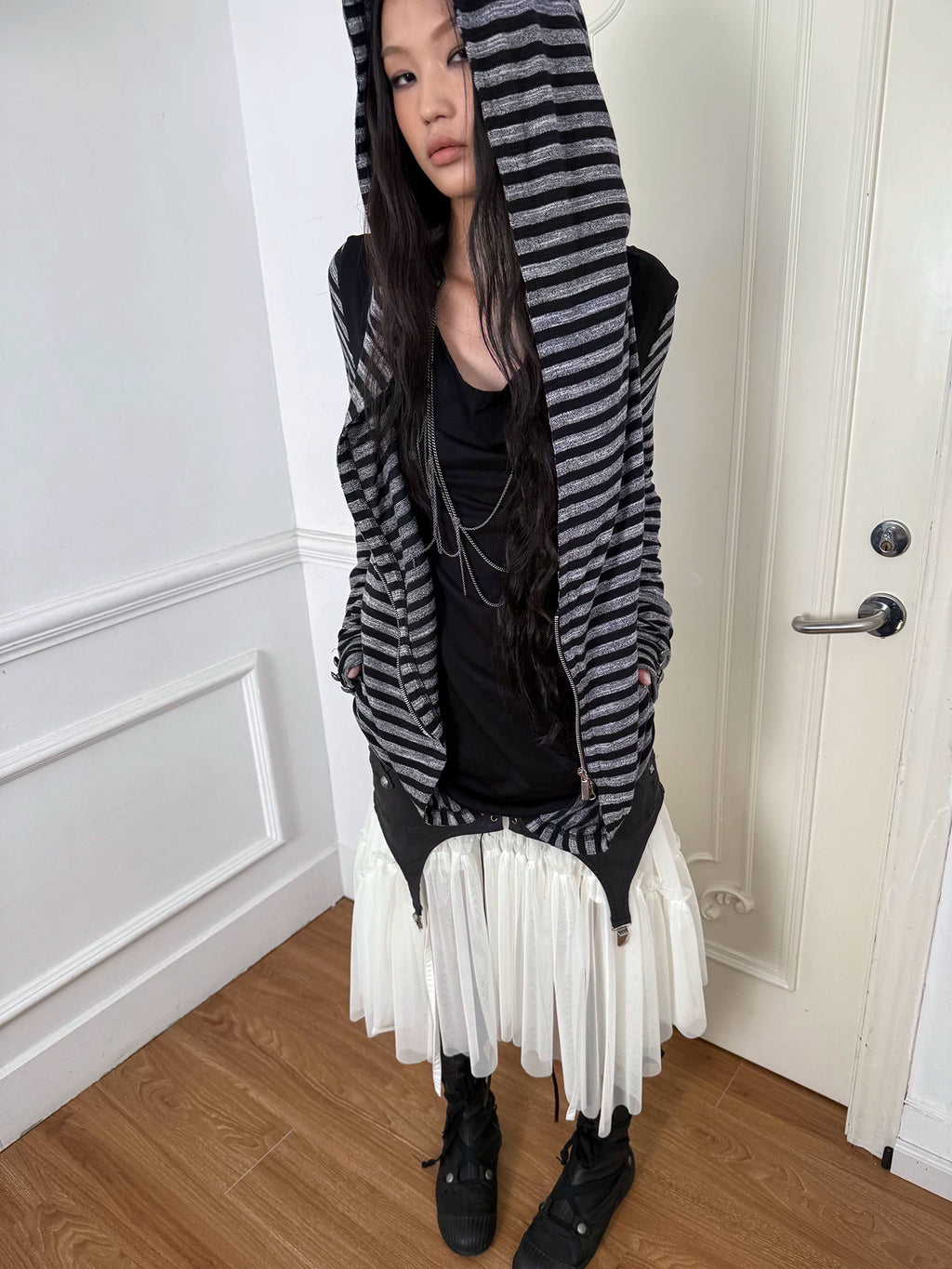 DoublePunch Fake Two-piece Splicing Striped Zipper Long Sleeve