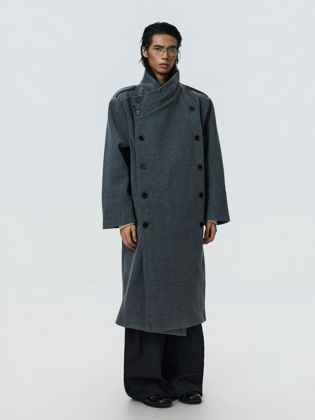 BTSG Double-breasted Stand-up Collar Long Woolen Coat