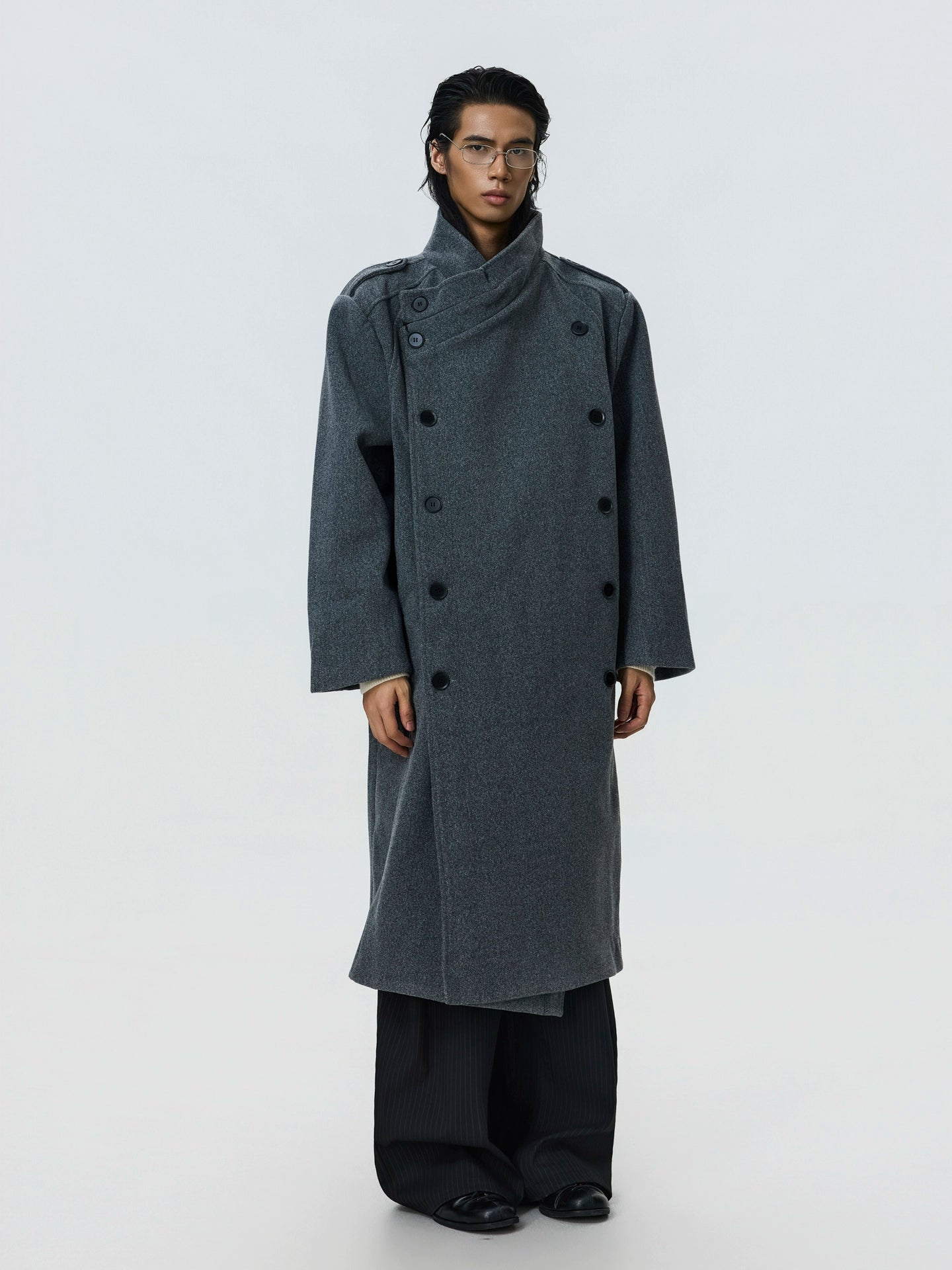 BTSG Double-breasted Stand-up Collar Long Woolen Coat