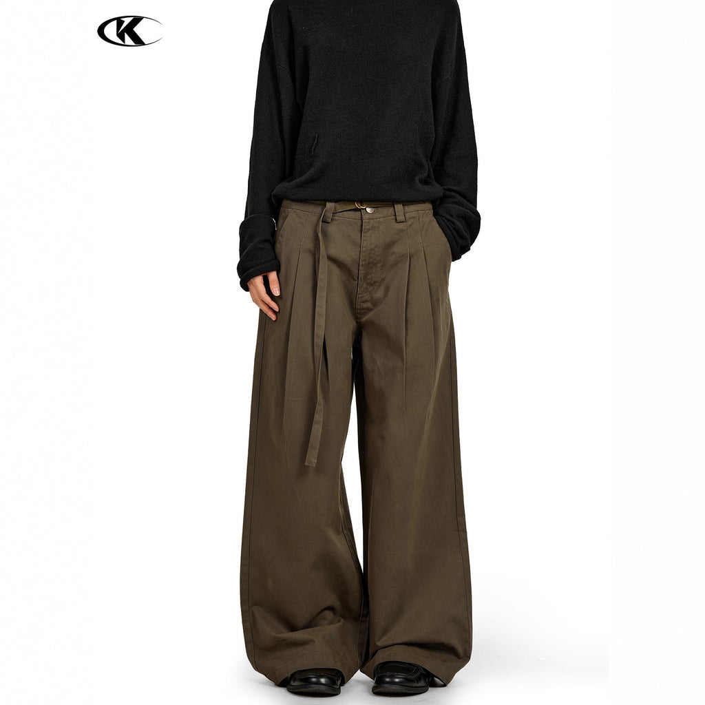 11KN Personalized Belt Pleated and Drape Wide-leg Pants