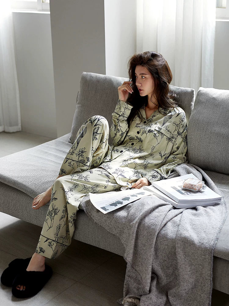 YUENEI Modal Chinese Style Long-sleeved Trousers Pajamas