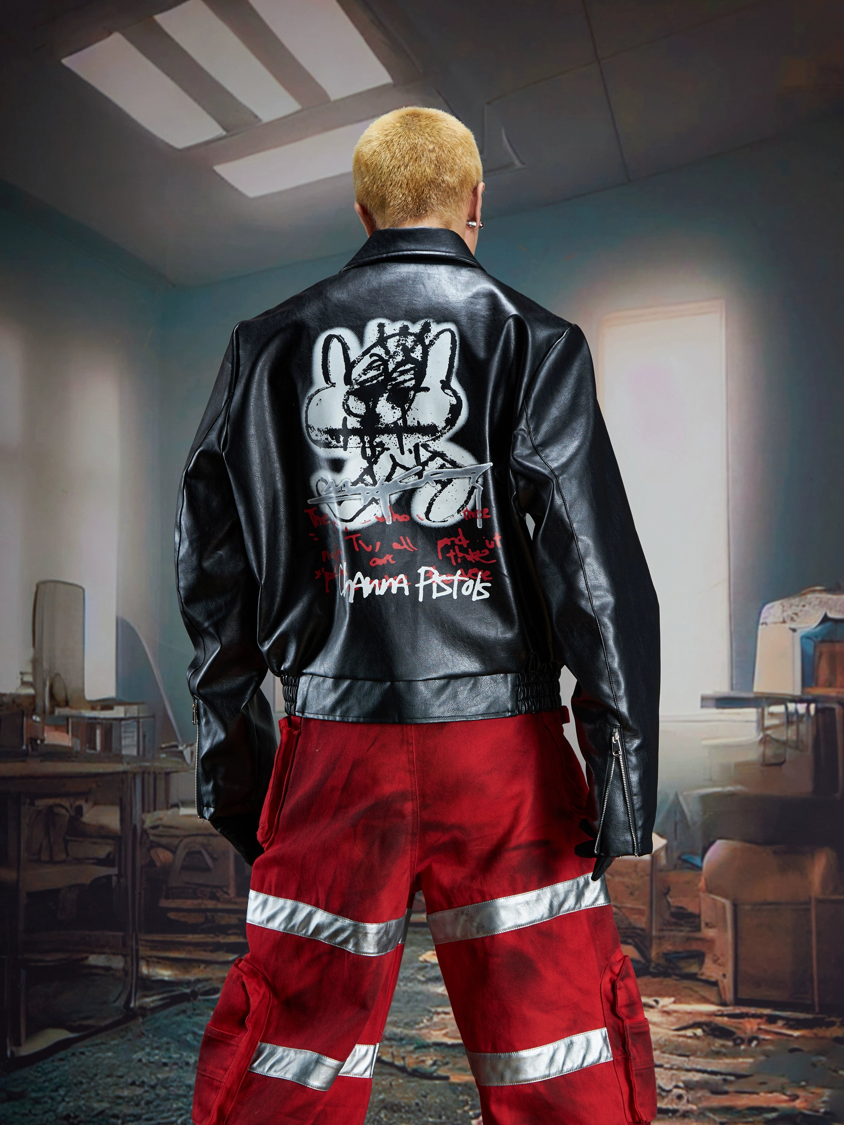 NOMANIAI Graffiti Spray-painted Lapel Loose Short Leather Jacket