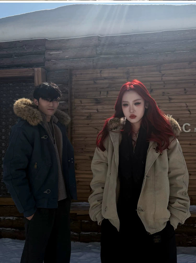 ZOZOFOREST Removable Fur Collar Plush Bead Canvas Seat Mountain Carving Jacket