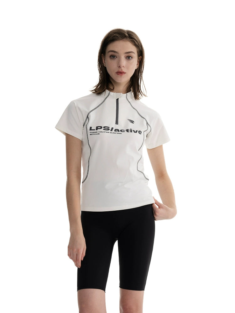 Loopsoon Contrasting Bright Line Loose Semi-turtleneck Zipper Tee