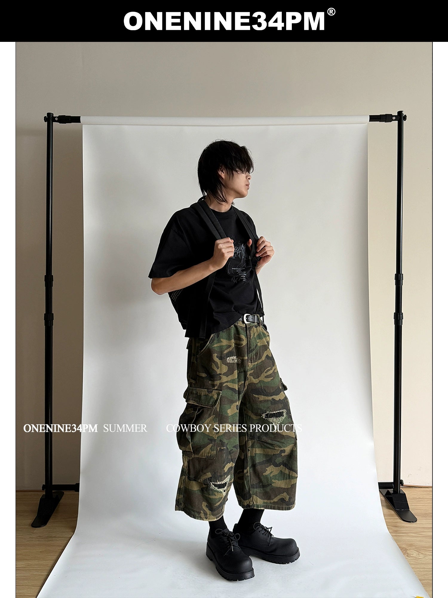 ONENINE34PM Retro Ripped Seven-point Camouflage Overalls