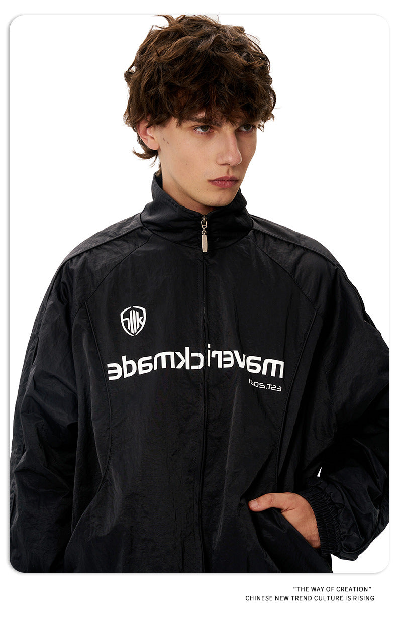 11KN Retro Digital Print Casual Loose Stand-up Jacket