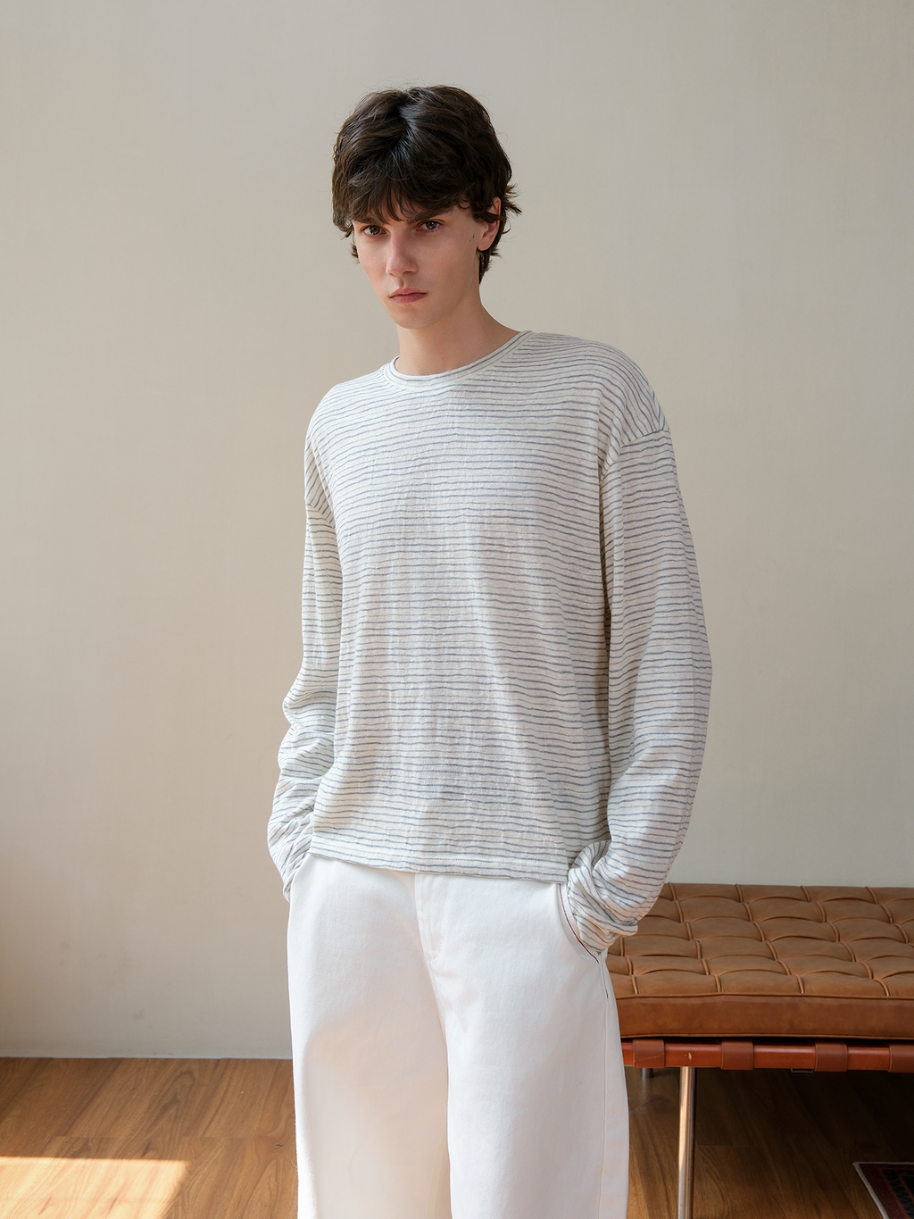 Set for Life Striped Lazy Casual Short Wide Crew Neck Long Sleeve