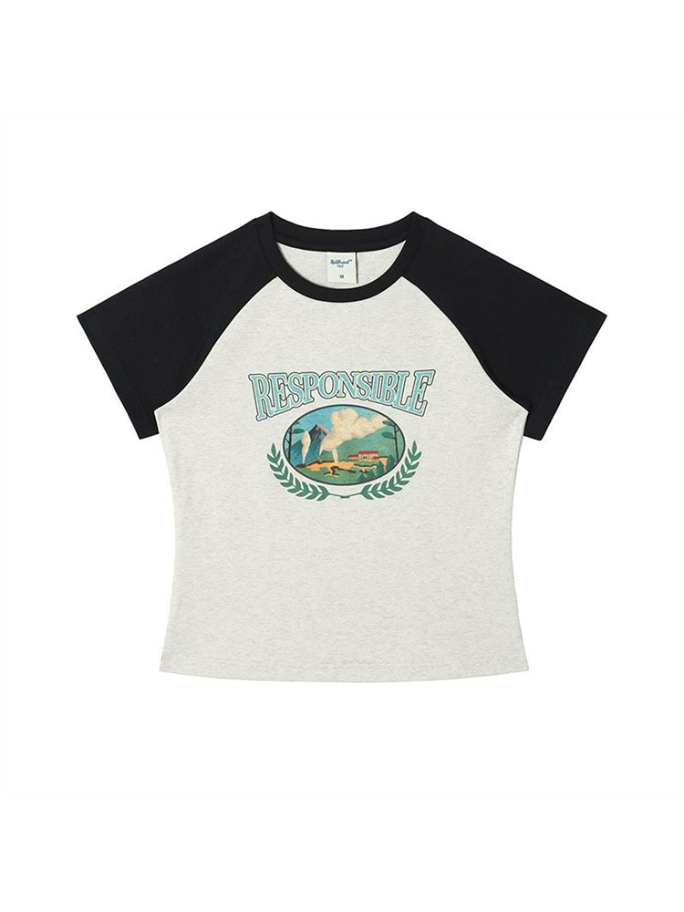 RPB BRAND Straight Shoulder Contrast Color Ragglar Sleeve Slim Tee