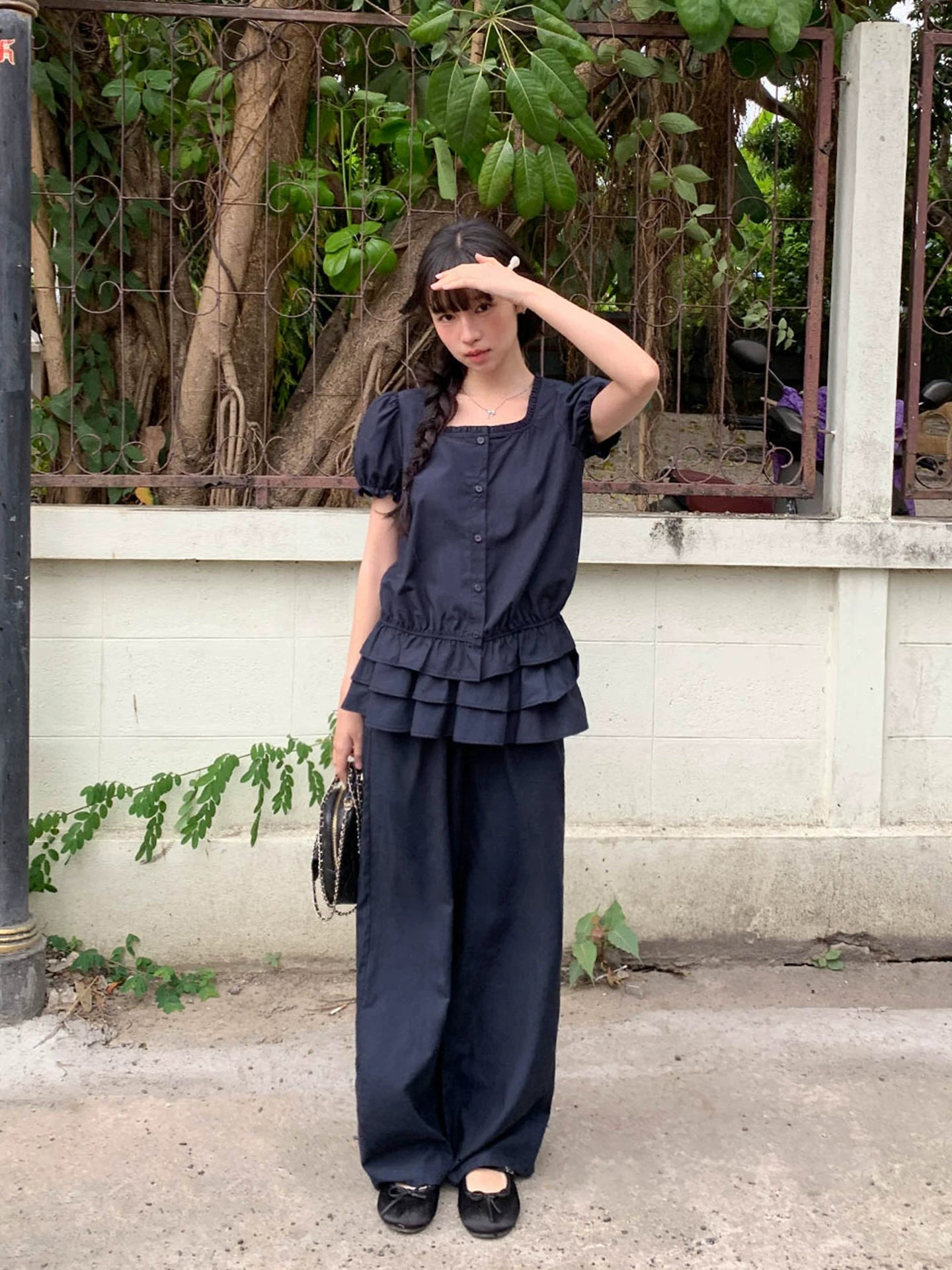 KANO Bubble Sleeve Waist Top Casual Pants Set