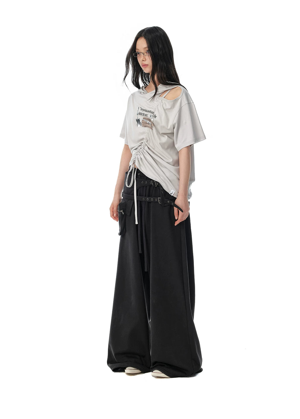 JIKOO Slanted Shoulder Hooded Loose Tee