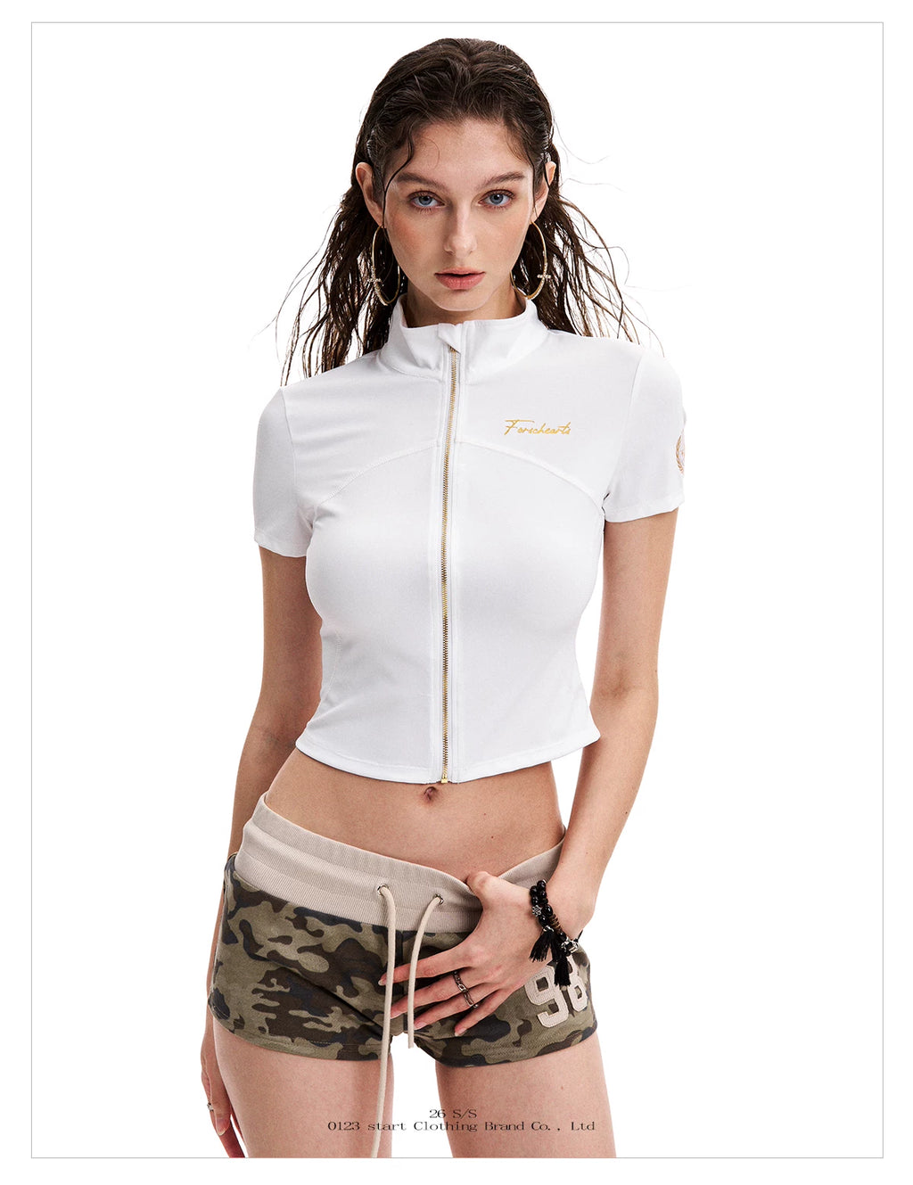 0123Start Slim-fit Short Stand-up Collar Zipper Tee