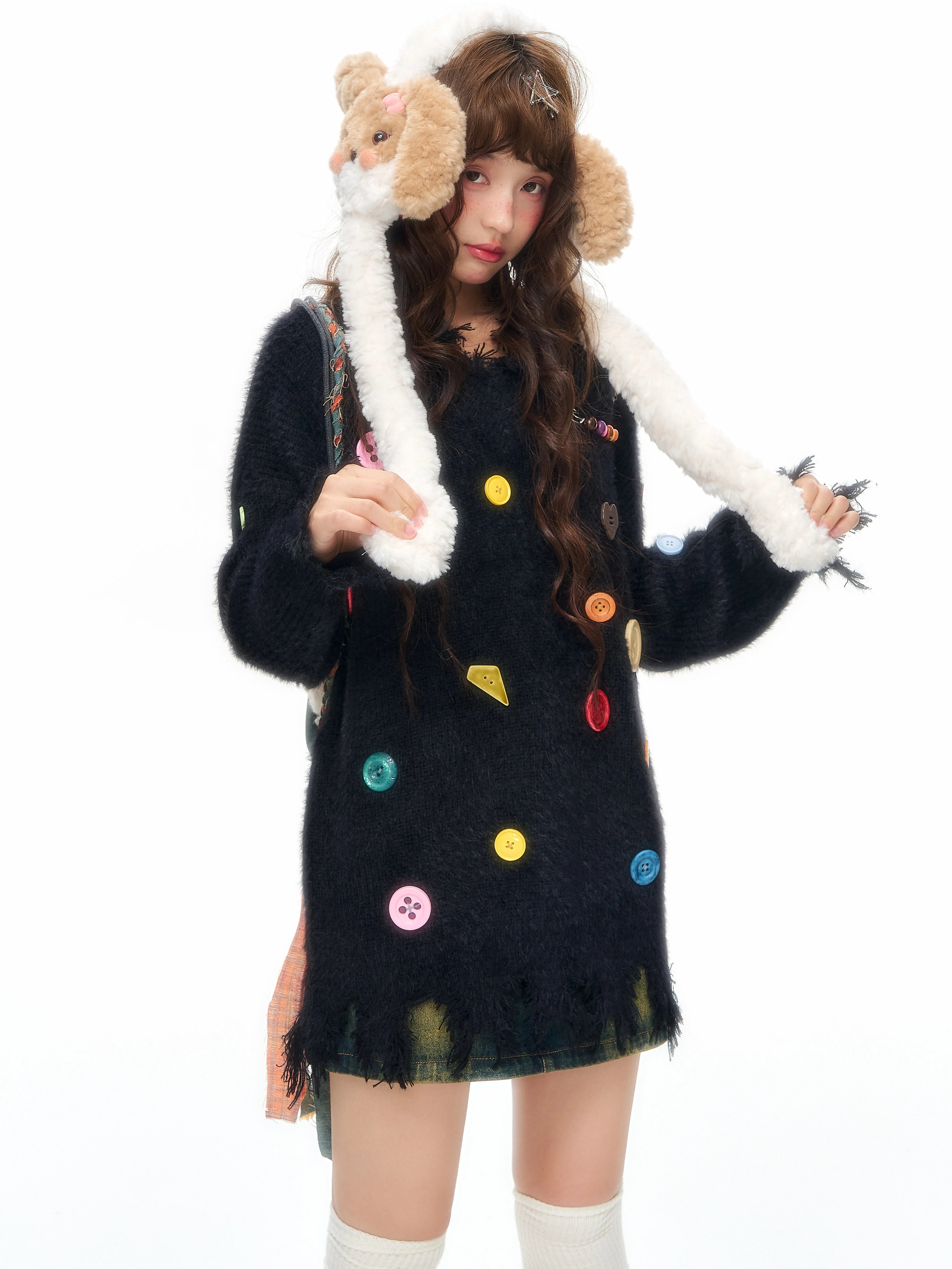 YEDM V-neck Colorful Button-up Sweater