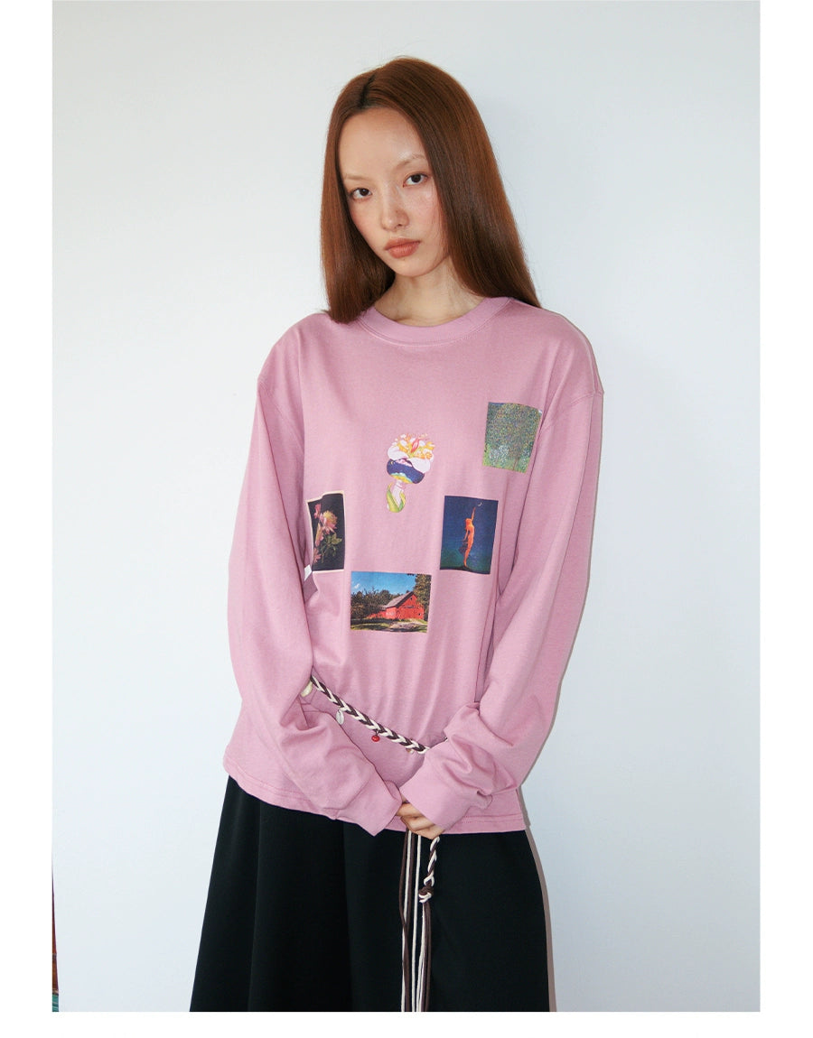 FUNKYFUN Plant Flower Collage Print Loose Long Sleeve