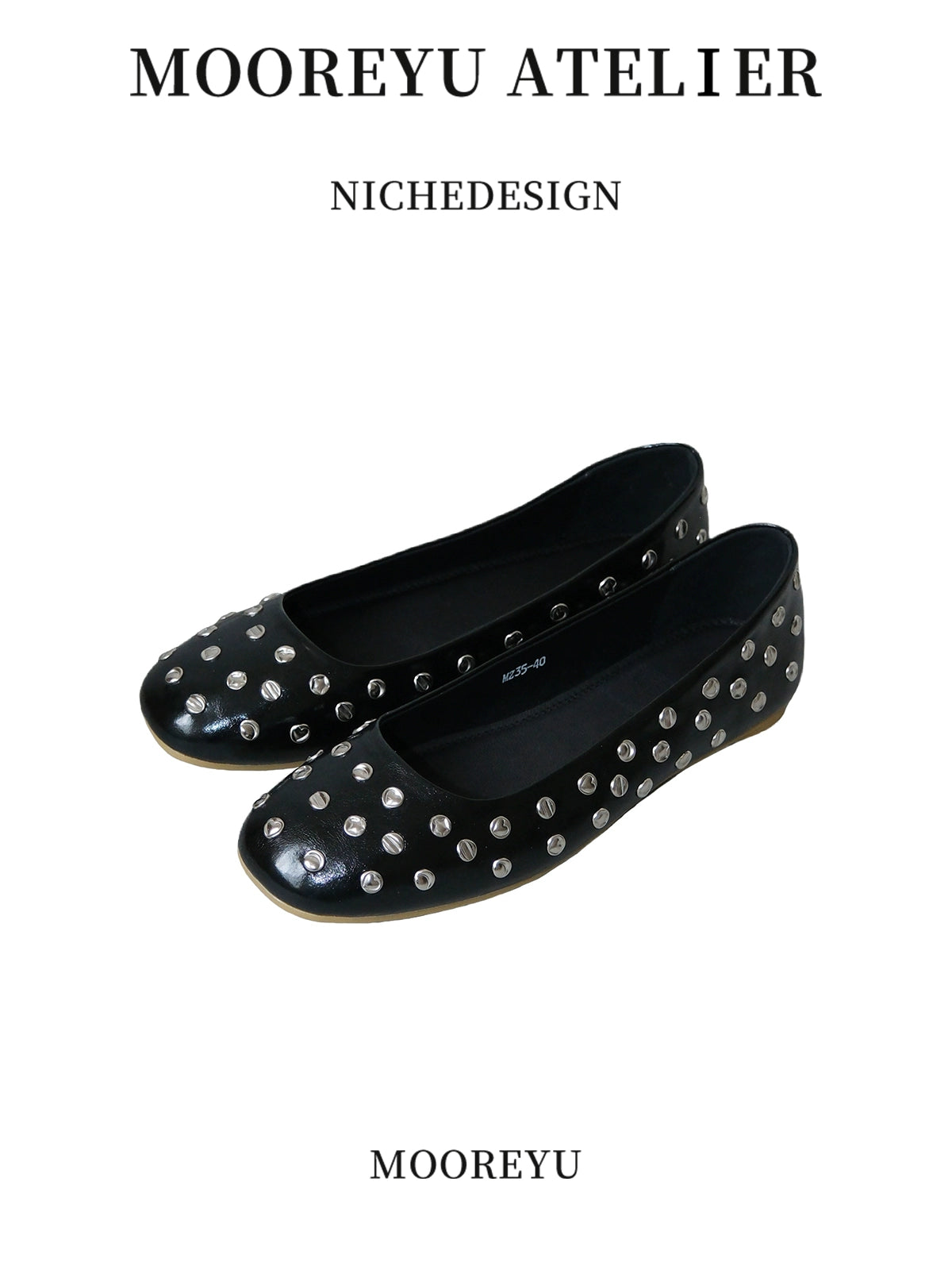Mooreyu Rivet Round Head Leather Shallow Mouth Flat Mary Jane Shoes