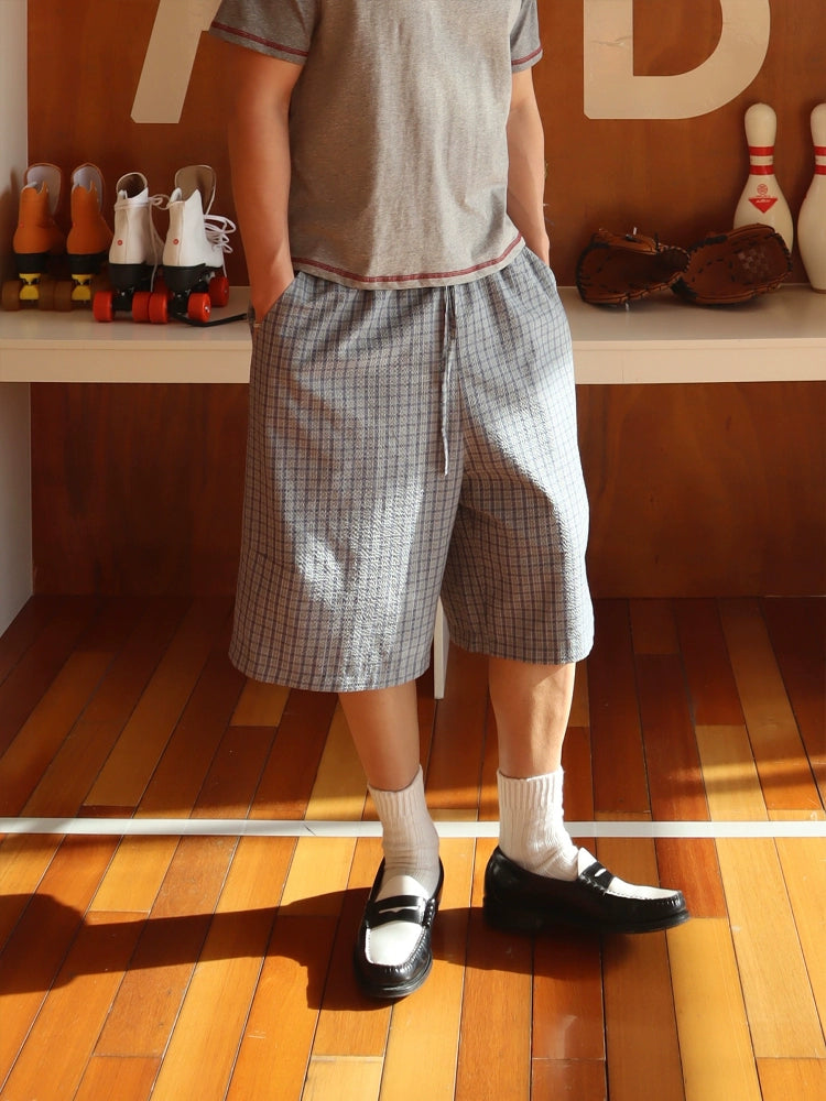 InsGale Loose Silhouette Seersucker Checked Cropped Pants