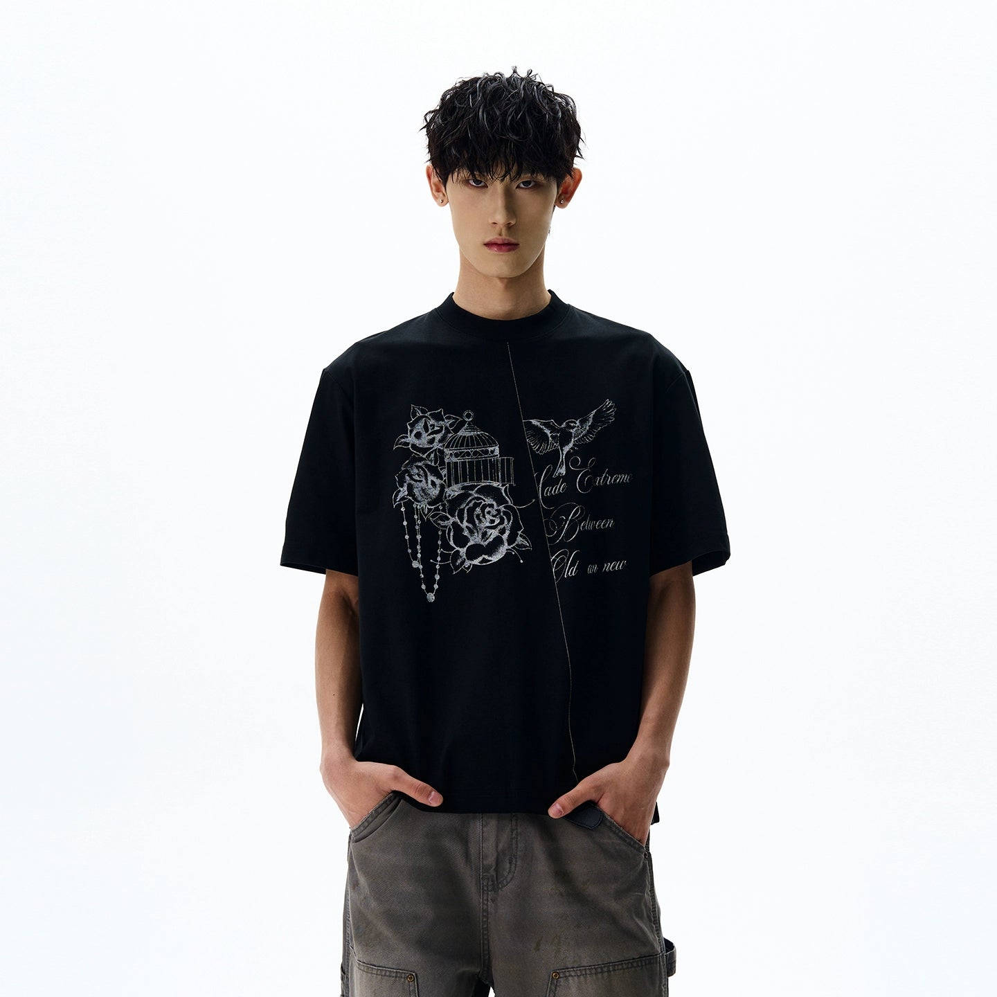 A PUEE Hand-painted Print Casual Loose and Versatile Tee