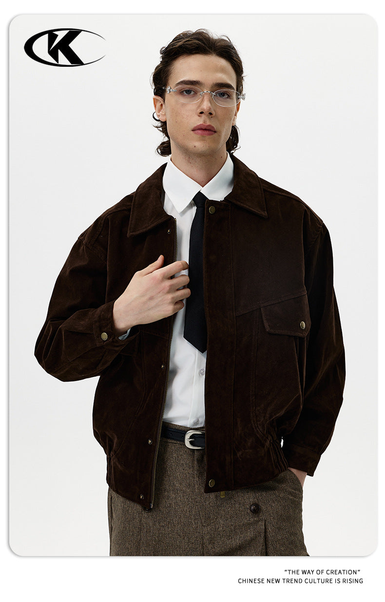 11KN Retro Loose Imitation Leather Fleece Lapel Jacket