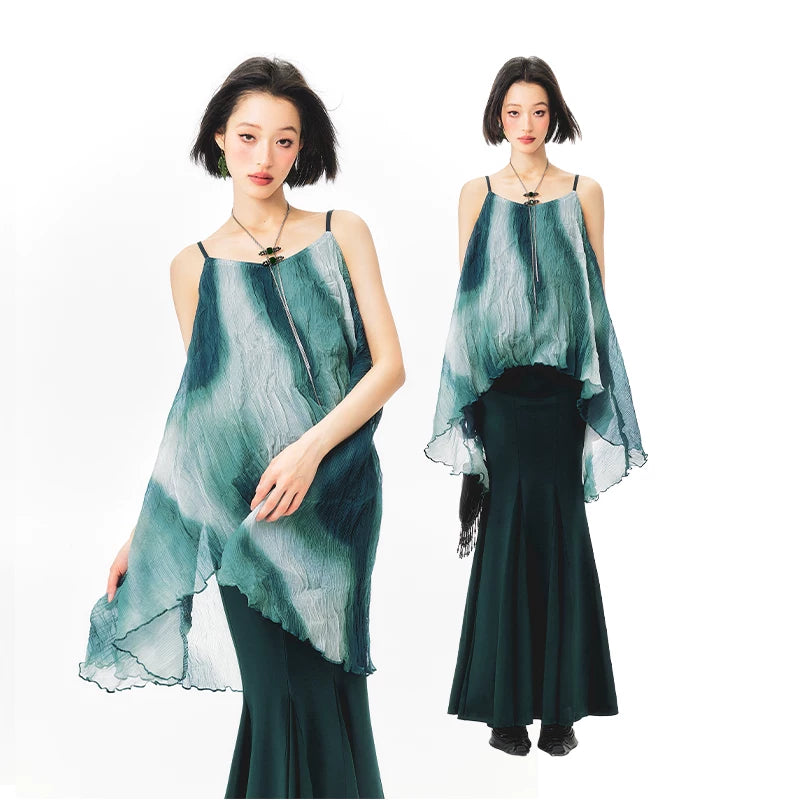 YEDM Tie-dye Gradual Change Suspender Fishtail Skirt Set
