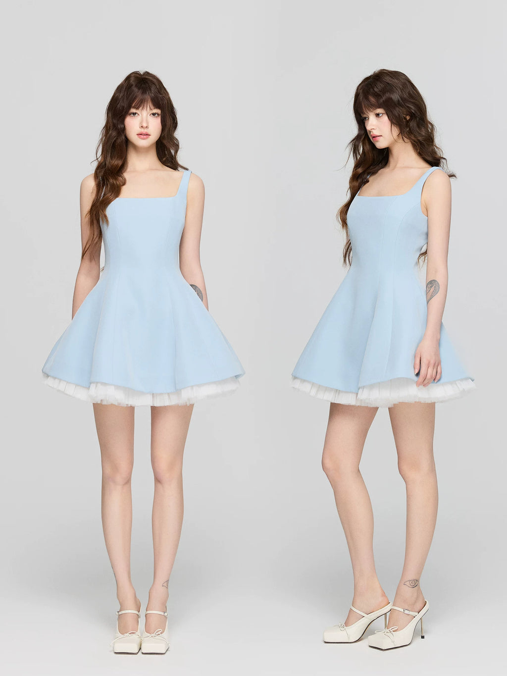 Avenement Square Neck Stitching Mesh Sleeveless Dress