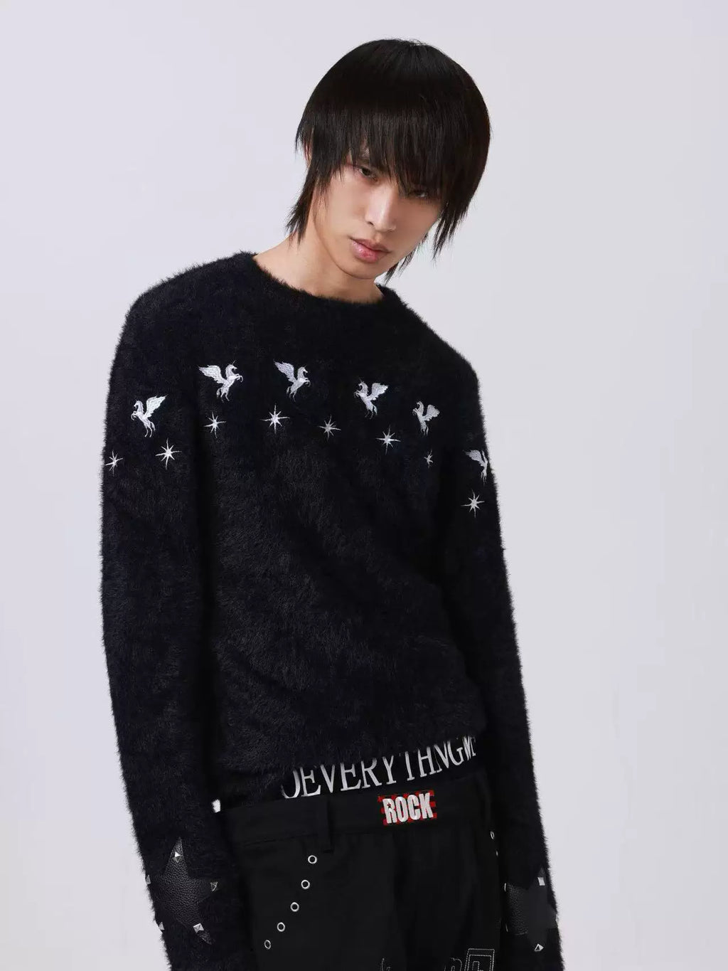 DETW Pentagram Leather Rivet Front Shoulder Crew Neck Sweater