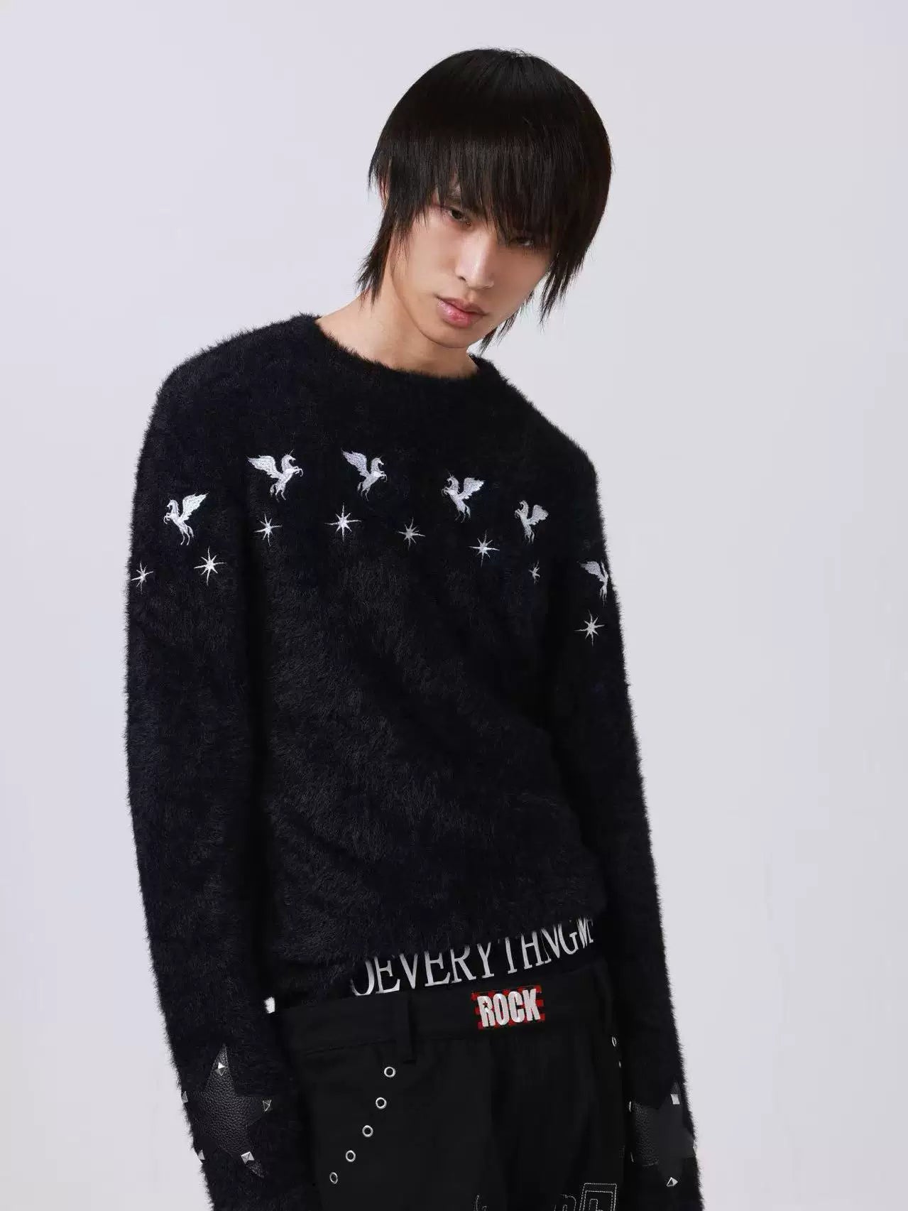 DETW Pentagram Leather Rivet Front Shoulder Crew Neck Sweater
