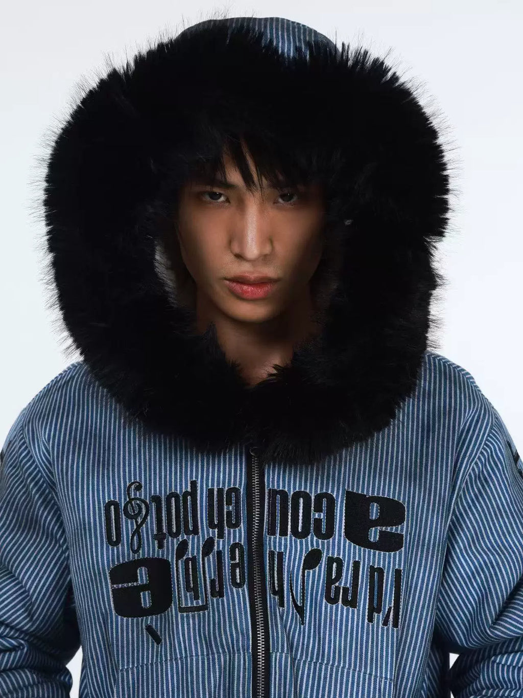 DETW Striped Long Fur Collar Lamb Fleece Hooded Jacket