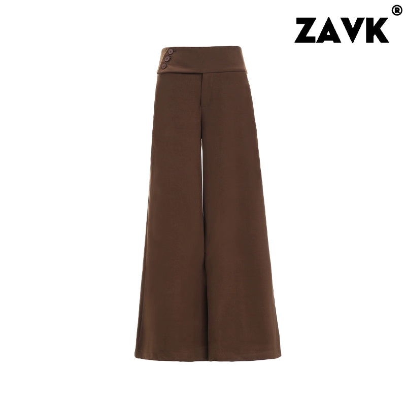 ZAVK Side Waist Button Skinny Wide Leg Pants