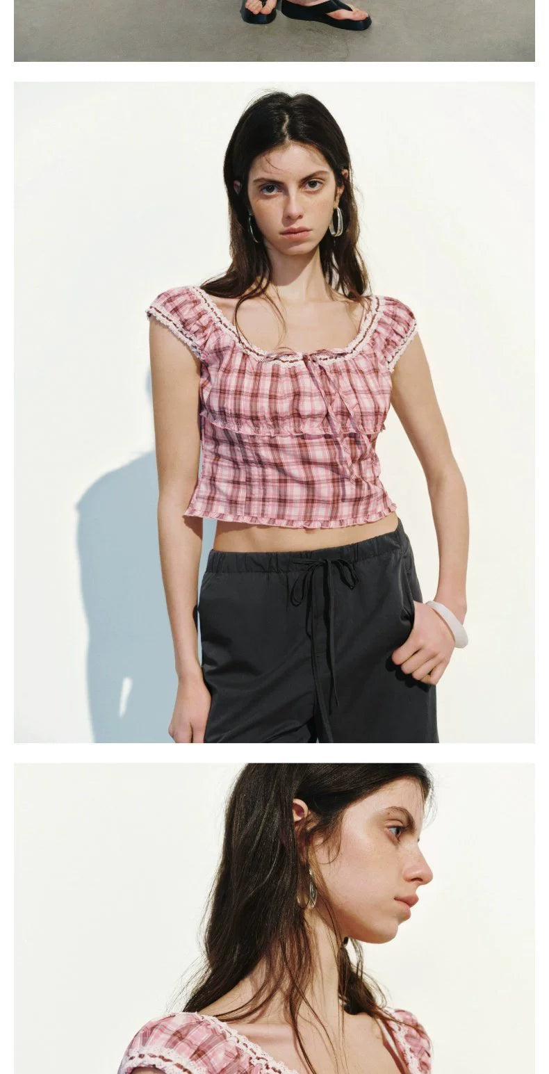 URBAN REVIVO Lace Fungus Edge Contrasting Plaid Blouse Shirt