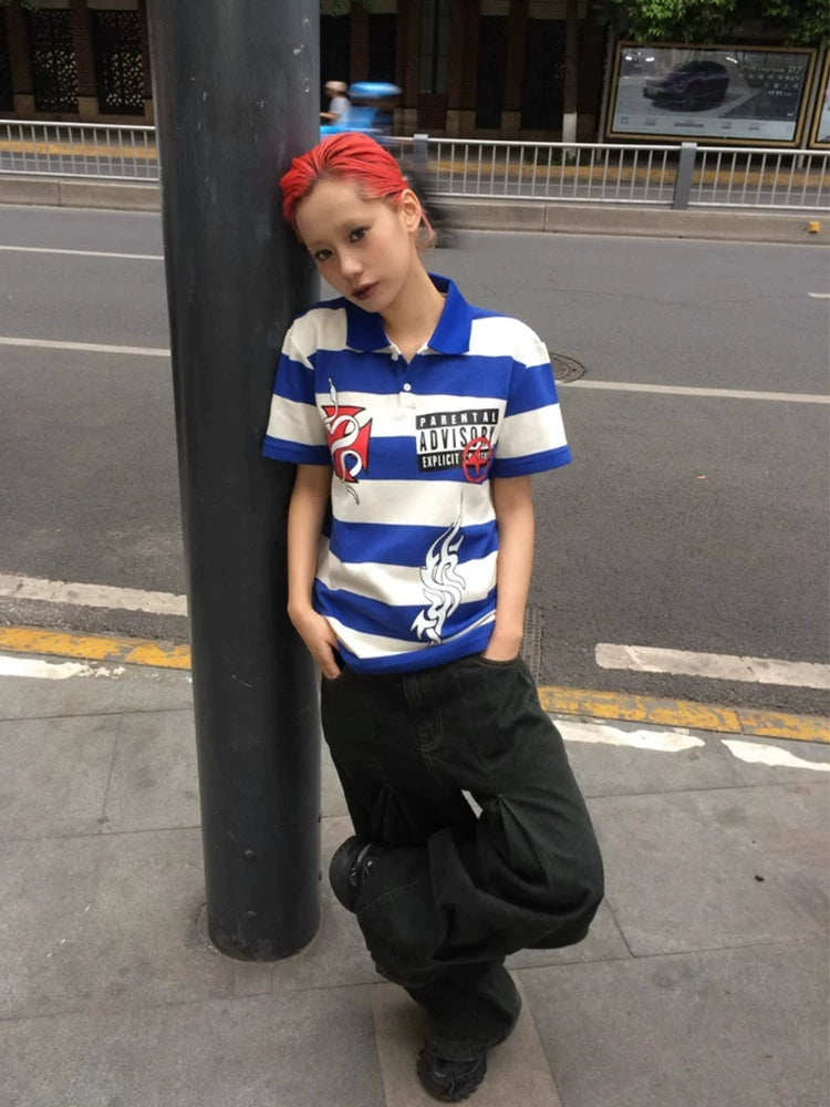 4AM Spoof Niche Print Striped Polo Shirt