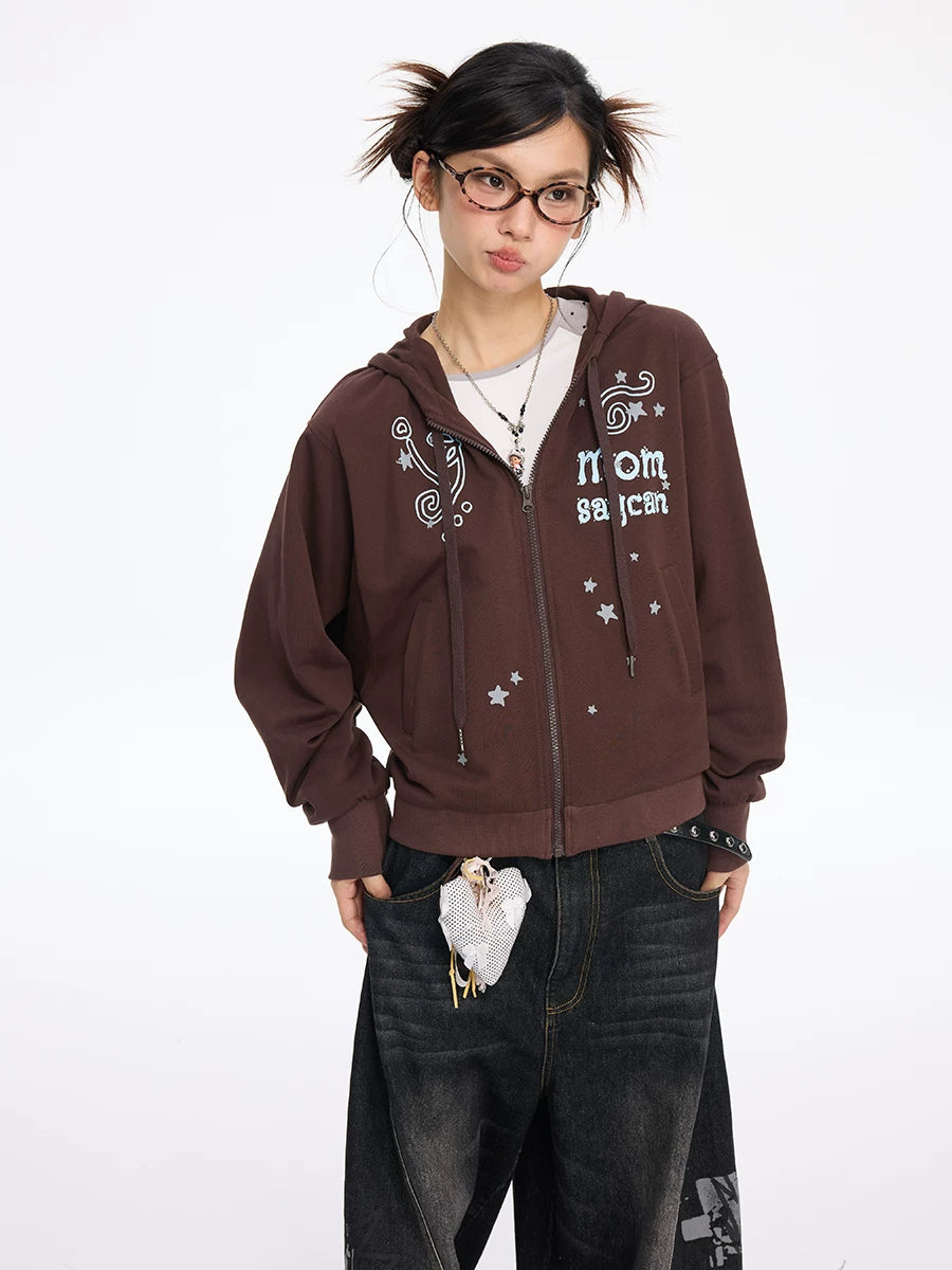 MOMSAYCAN Short Contrasting Print Hooded Jacket