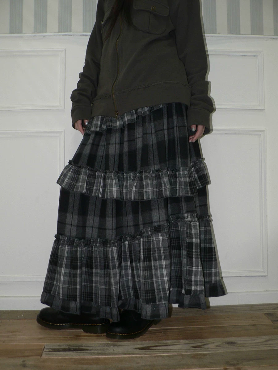 Ang: Project Vintage Plaid Stitching Irregular Skirt