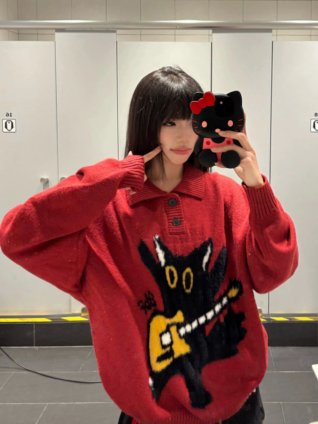 BF. BORFEND Vintage Fun Cat Jacquard Polo Collar Sweater