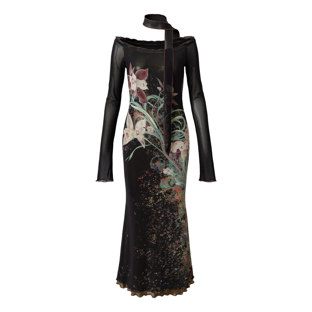 LOUMUTAKU Bronzing One-word Shoulder Flower Mesh Off-the-shoulder Fishtail Skirt