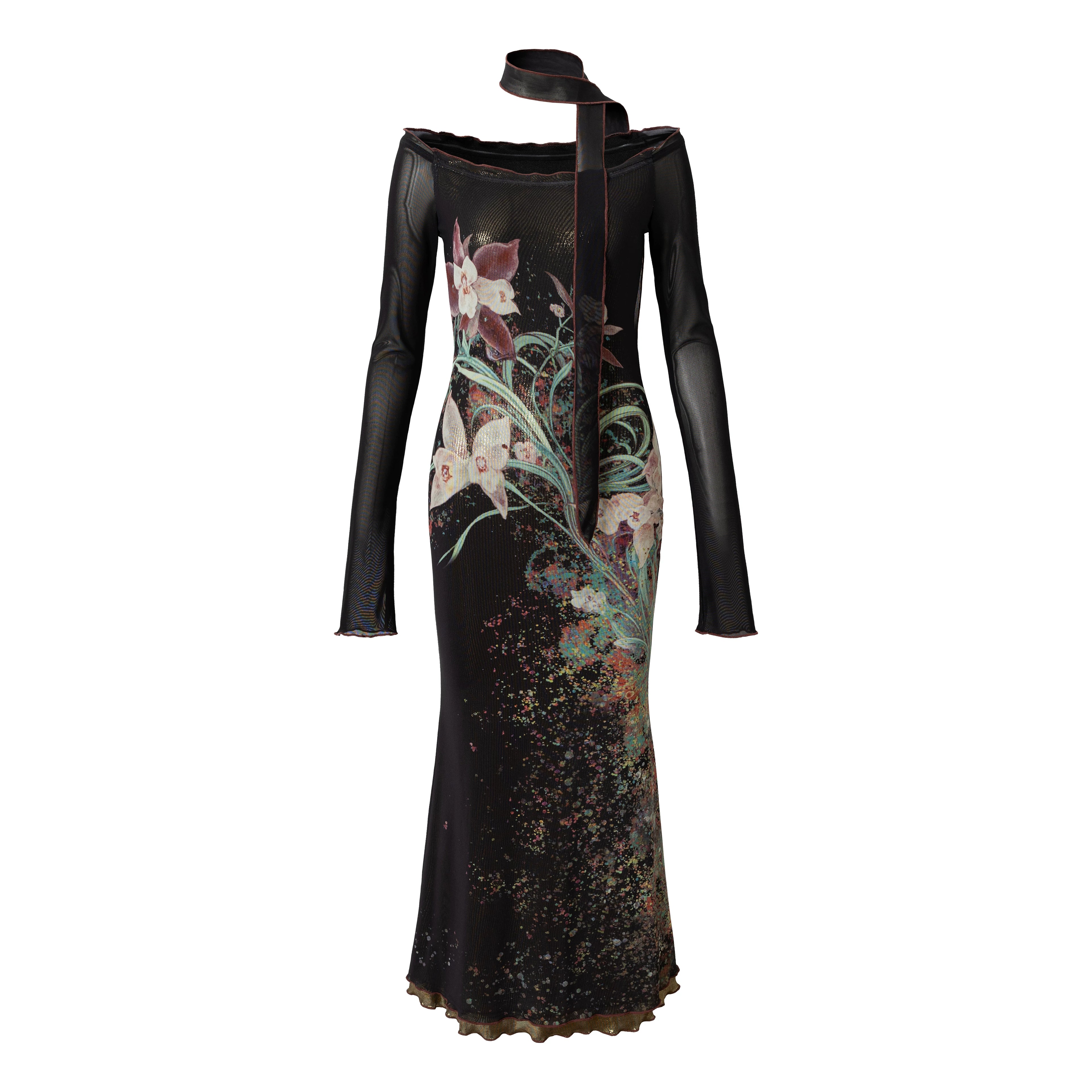 LOUMUTAKU Bronzing One-word Shoulder Flower Mesh Off-the-shoulder Fishtail Skirt