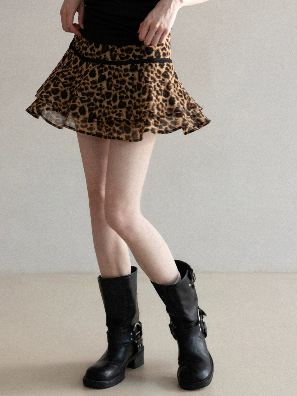 Cantonstory Lotus Leaf Edge Leopard Print High Waist Thin Skirt