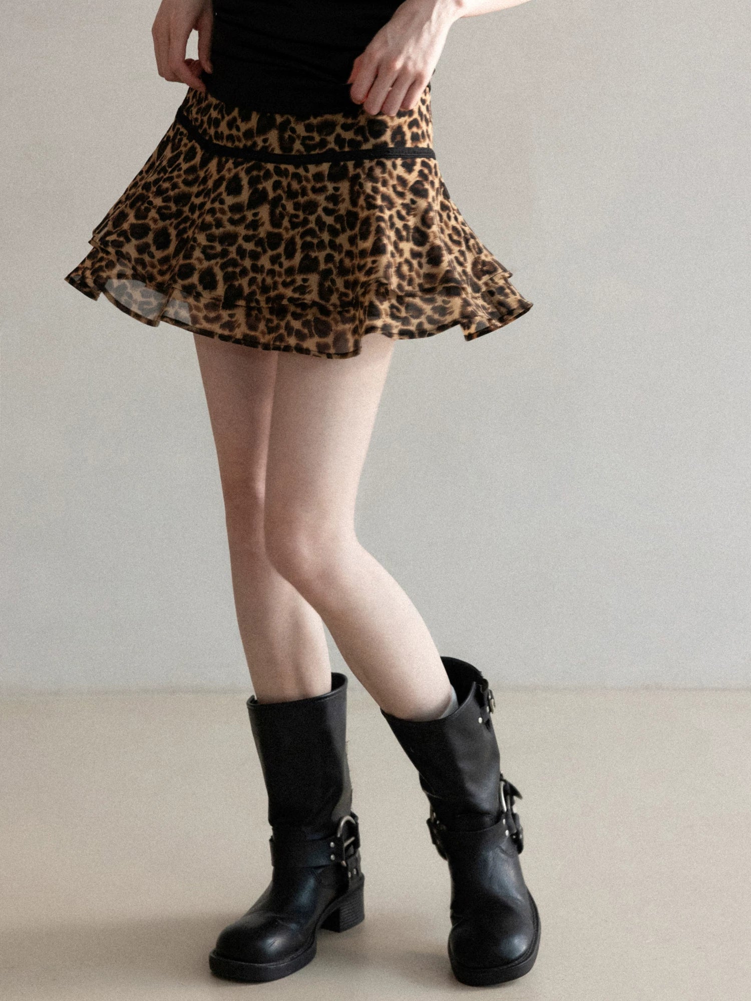 Cantonstory Lotus Leaf Edge Leopard Print High Waist Thin Skirt