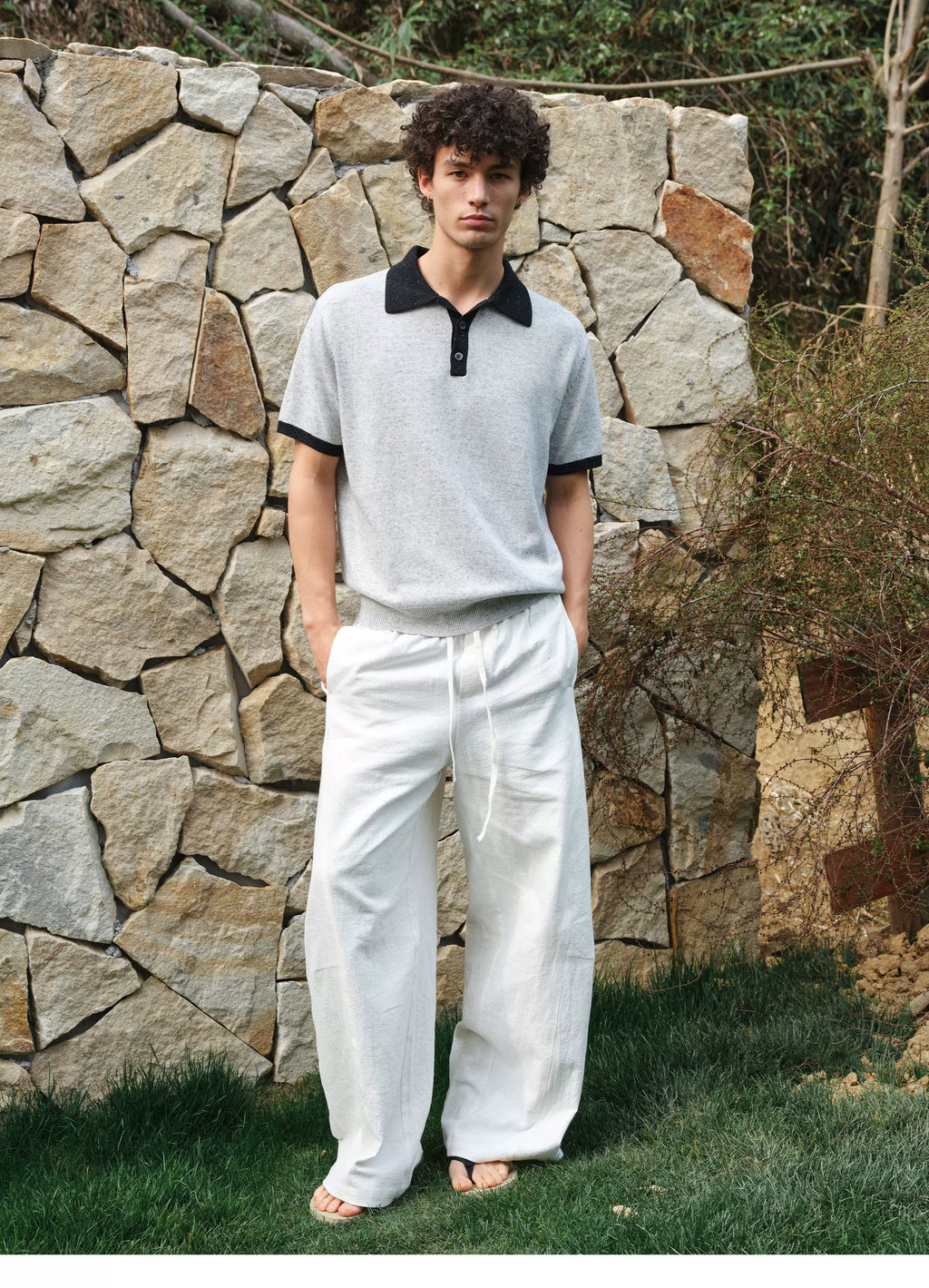 VLABMADE | Italian Old Money Contrast-Trim Polo Collar Wool-Linen Blend Knit Short Sleeve Top