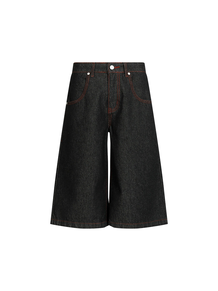 FUNKYFUN Contrasting Stitching Embroidered Eight-point Straight Jeans