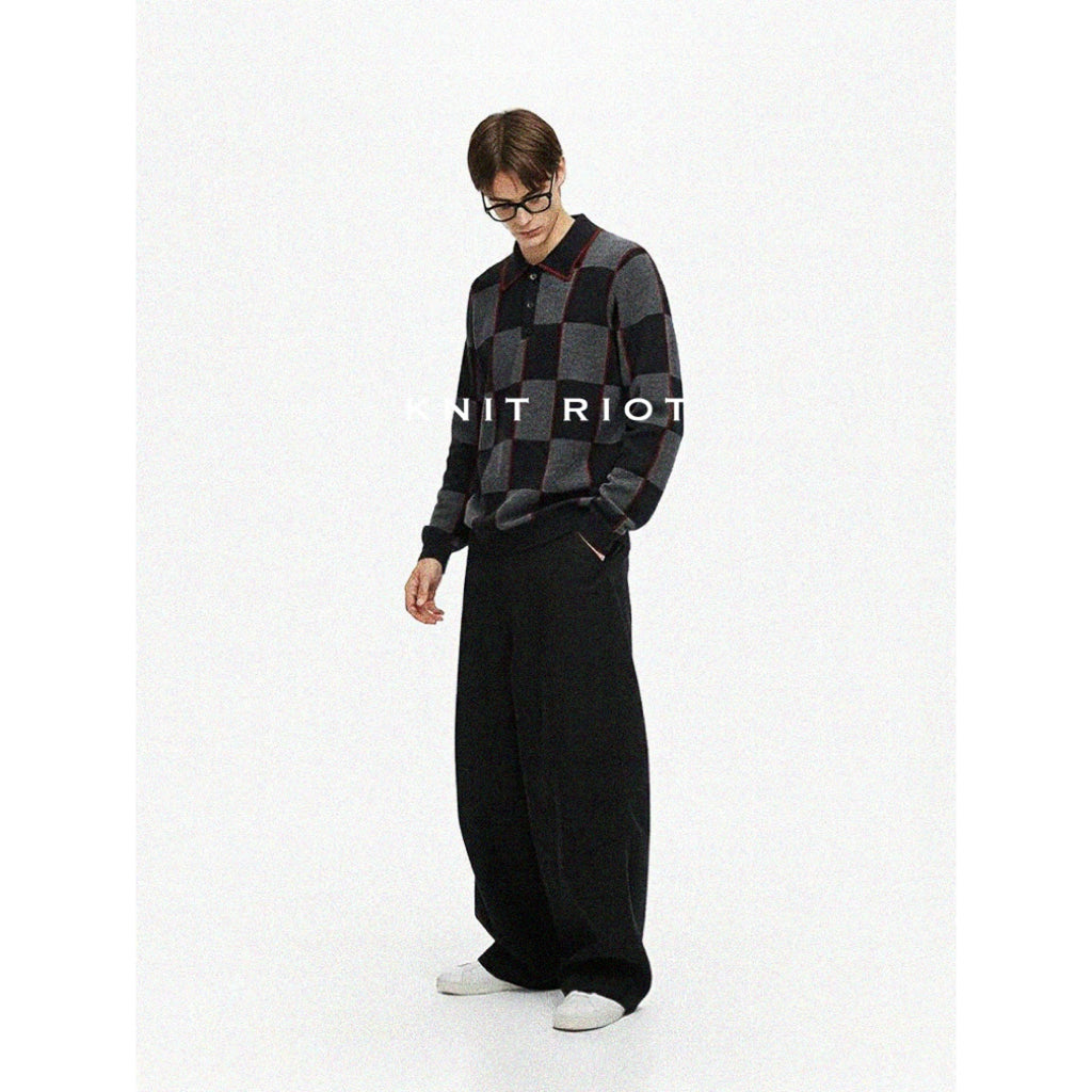 KNITRIOT Lapel Checkerboard Polo Collar Long-sleeved Knitted Sweater