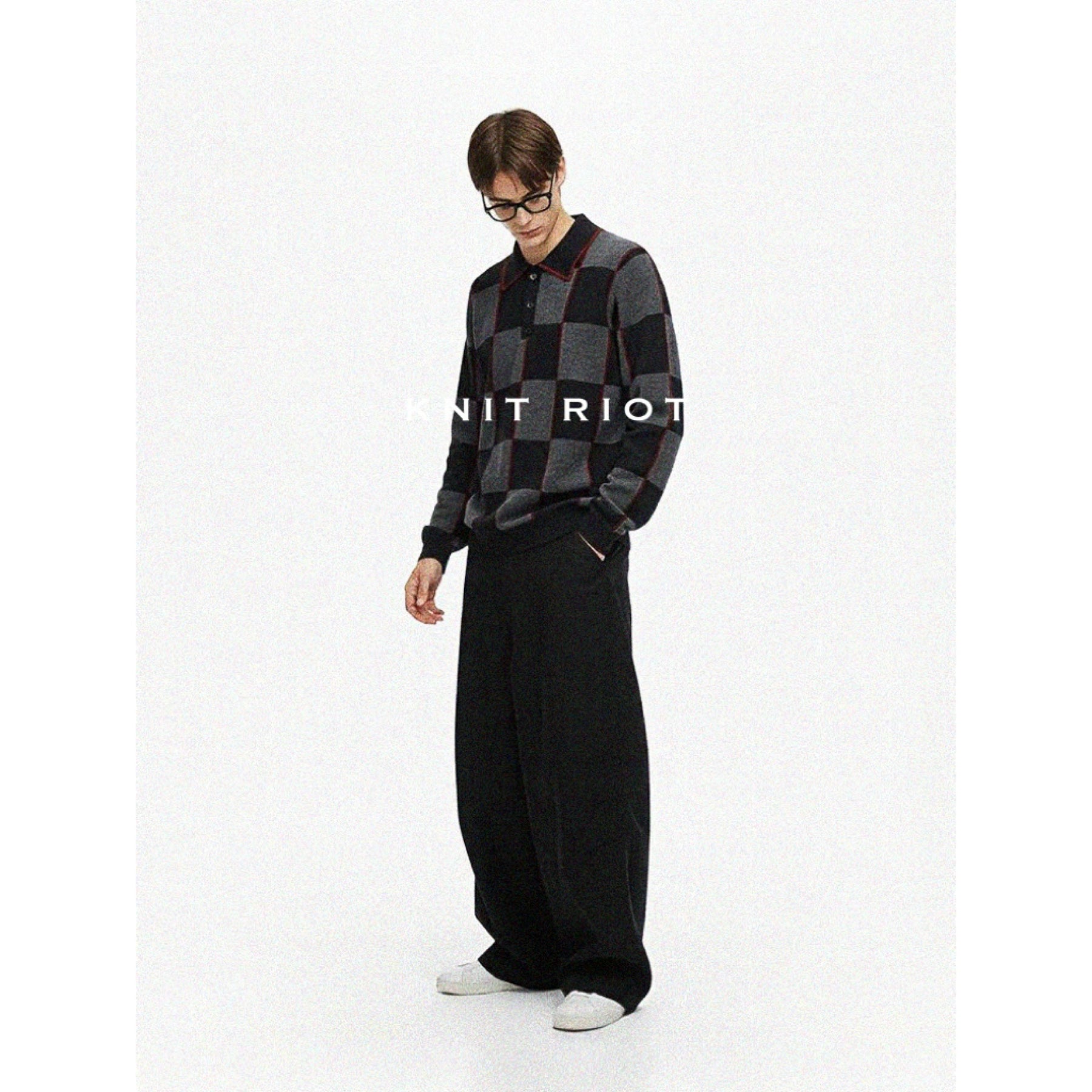 KNITRIOT Lapel Checkerboard Polo Collar Long-sleeved Knitted Sweater