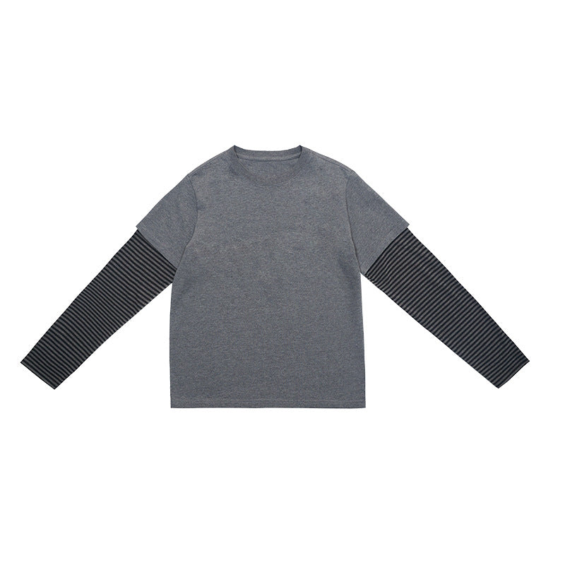 UNF Vintage Fake Two-Piece Striped Contrast Crew Neck Long Sleeve