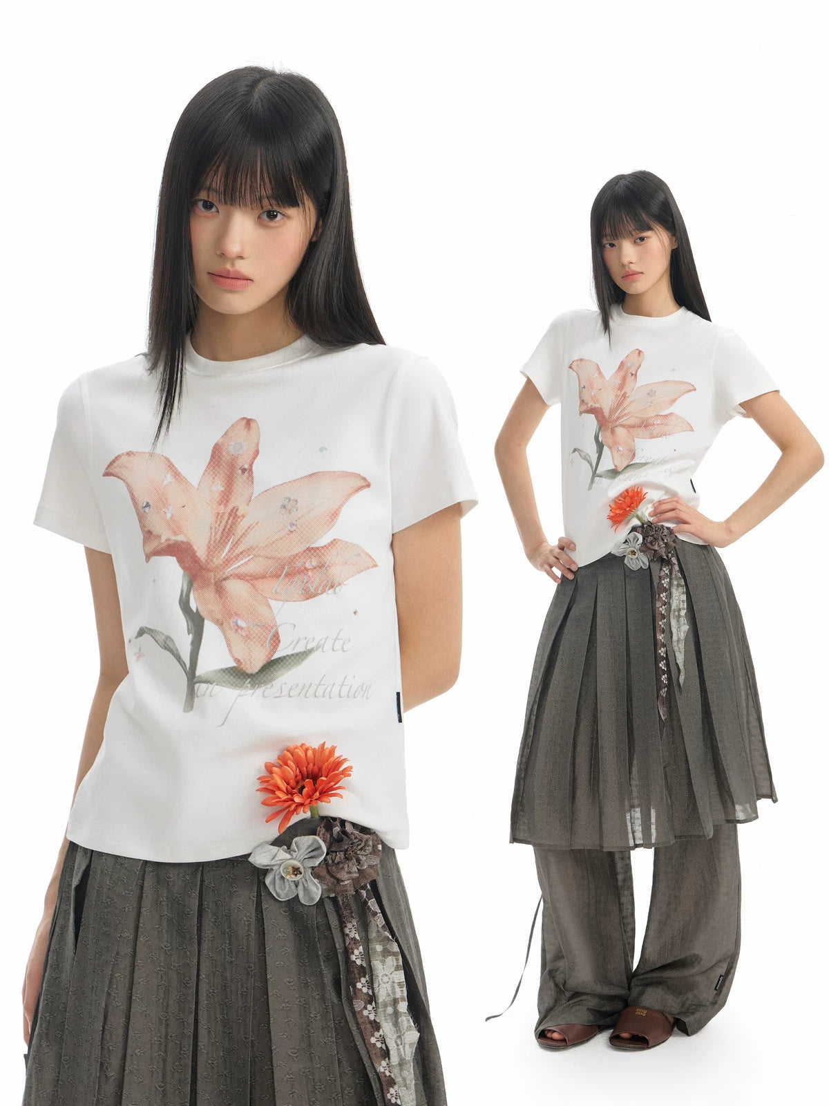TGNS Lily Print Casual Slim Shoulder Tee
