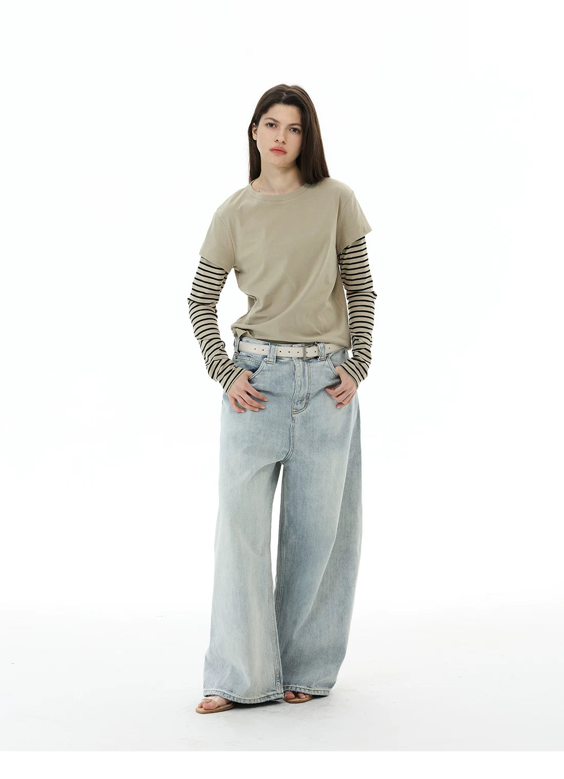 WLNEXT Vintage Fake Two-Piece Striped Front Shoulder Long Sleeve
