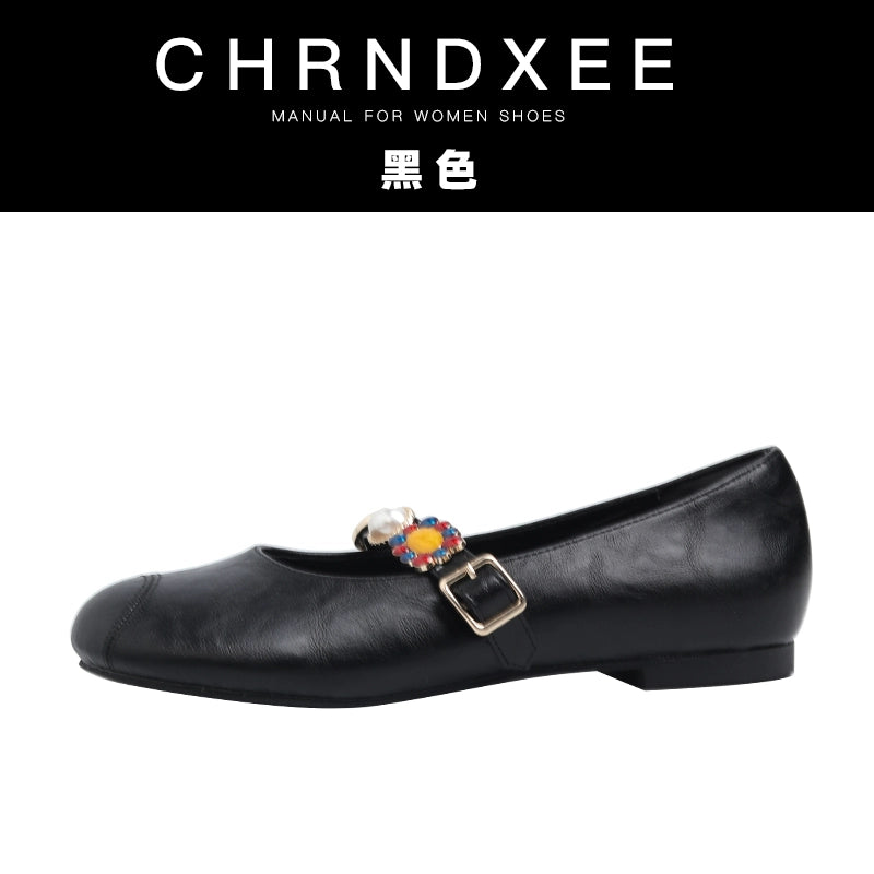 CHRNDXEE Retro Round Head Shallow Mouth Flat Mary Jane Shoes
