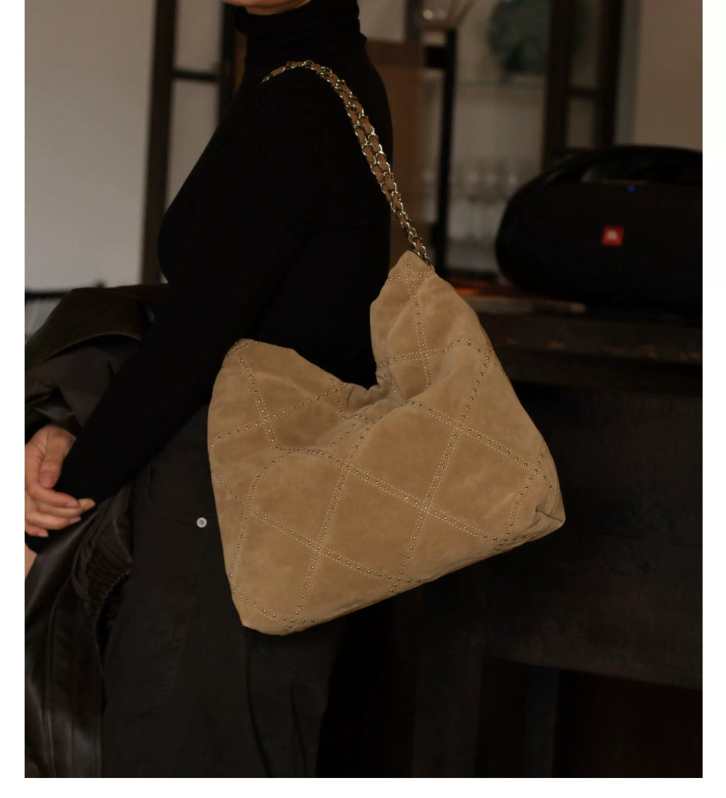 EZRO Rivet Matte Suede Shoulder Tote Bag